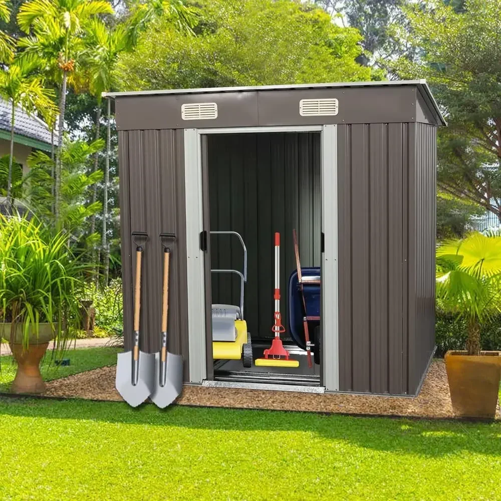 Gray 6.4x4t Outdoor Storage Shed with Metal Foundation and Sliding Door, Waterproof for Patio Lawn Backyard