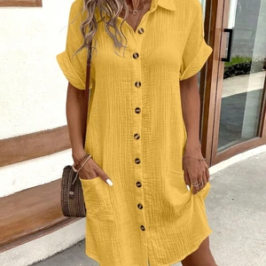 Mini -Vintage -Kleid für Frauen, monochrom, v -Neckline, drei Schlafzimmerärmel, Baumwolle und Leinen, lässiges Kleid für Damen, Sommermode 10 Hauptverkäufe Vintage Frauen kurzes Kleid - №2