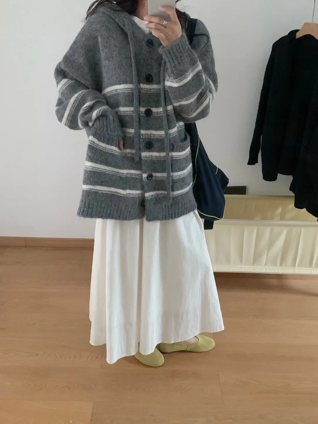 

Chic Autumn Winter Retro Anti-Aging Loose ket Soft Dstring Hoodie Knitted Stripe Sweater Jaet Women Street Sle Long...