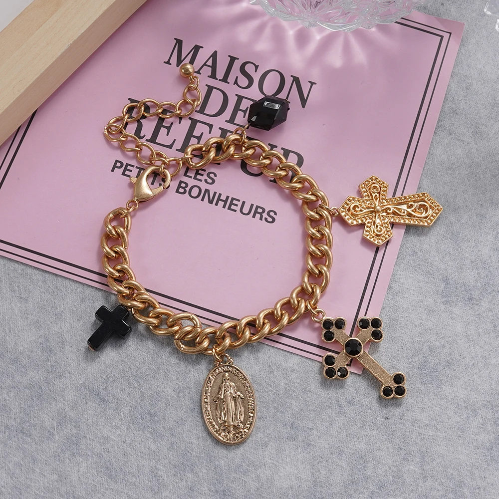 سوار سلسلة ذهبي عتيق مع سحر متقاطع متعدد لهجات كريستال سوداء دينية مريم العذراء قلادة بوهو قوطي #3