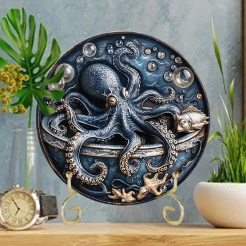 

Vintage Tin Plate Painting，Ocean Octopus Round Aluminum Wall Art, Durable and Fade-Resistant Decor for Home, Office, Perfect Gi