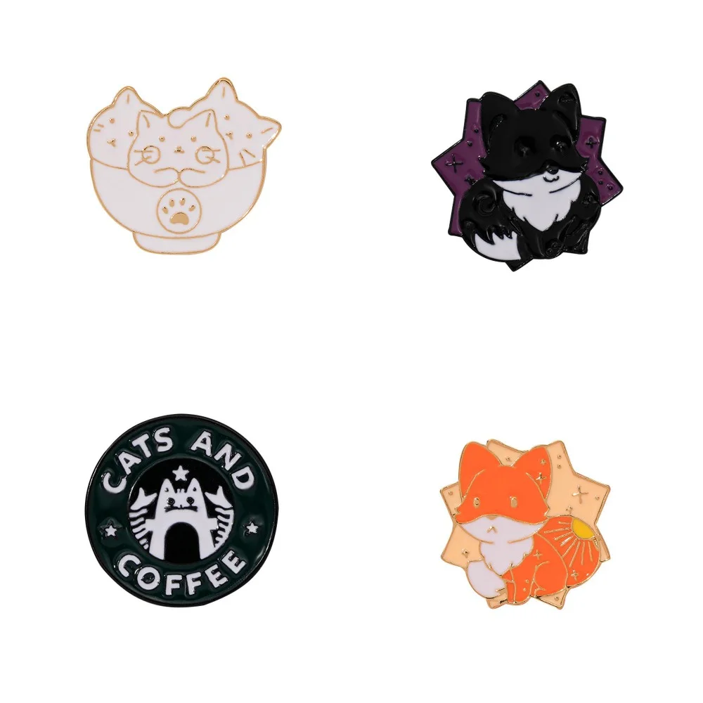 Wholesale Cats And Coffee Enamel Pins Black Ans Orange Colors Kitty Brooches For Pet Lovers Bag Backpack Jewelry ecoration