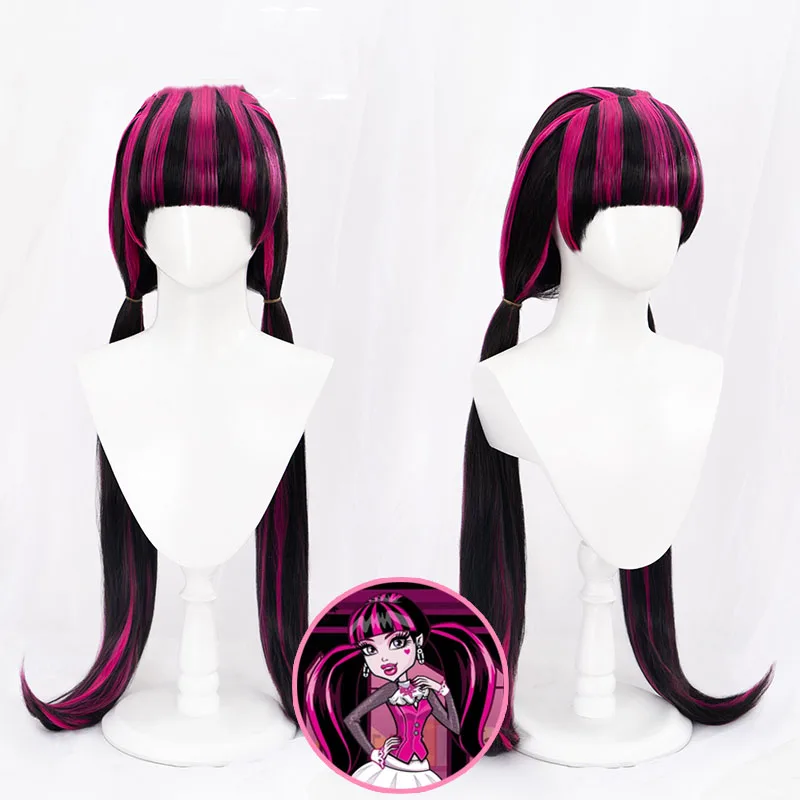 Peruka Draculaura z wysokim potworem, długa z długich włosów, czarna różowa peruka frankie Monster High Frankie, Cosplay peruka czarna Mix Whitet