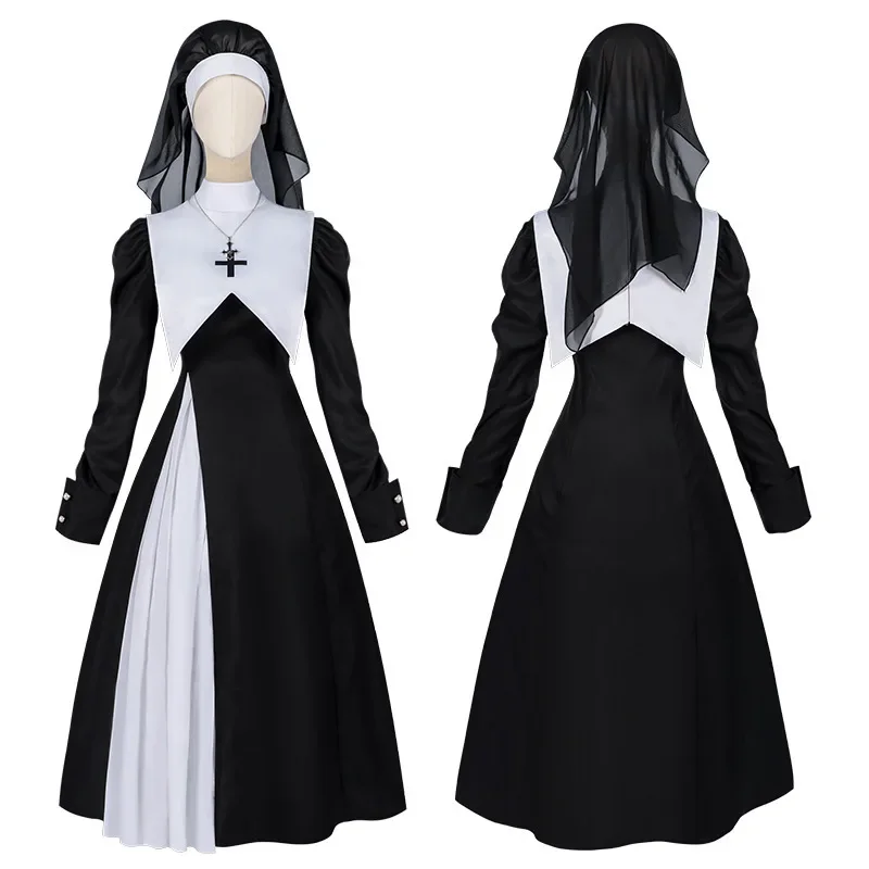 

Nun Cosplay Costume Women Uniform Set-Party Halloween Outfit Adult Nun Dress Black Apparel Masquerade Show Costumes