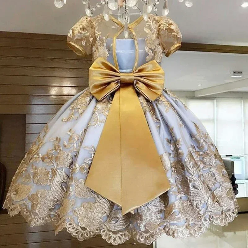

Girls Dress with Short Sleeves Sheer Neckline Gold Embroidery Big Bow Princess Gown for Party Wedding Pageant Formal Occasions