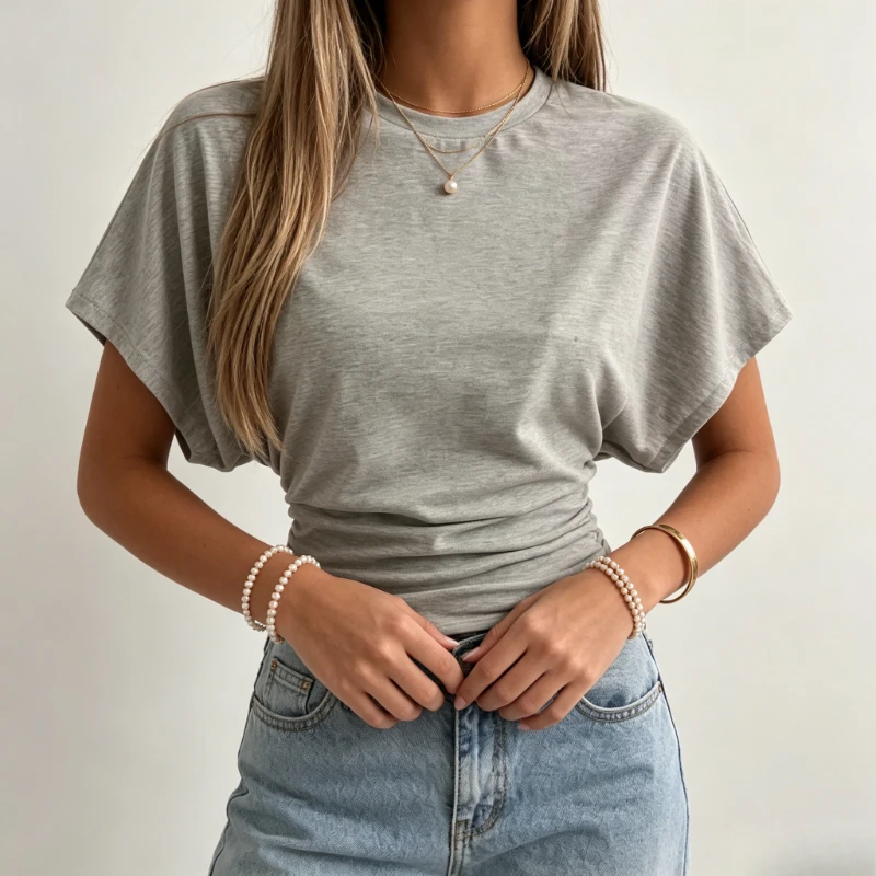 2026 Women T-shirt Street Style O-neck Short Sleeved Summer Blouse New Solid Color Loose Top Casual Waist Shirt Y2K Street Top