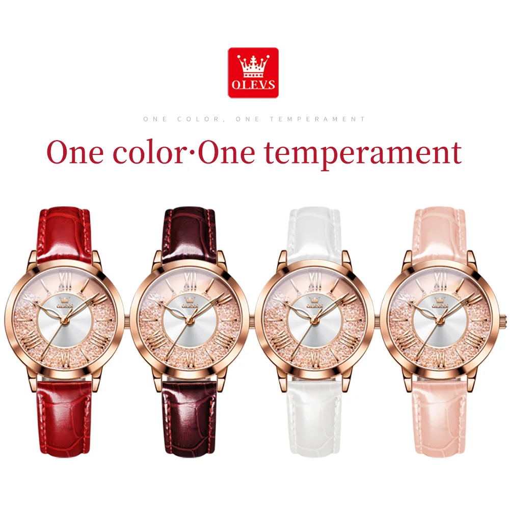 Original OLEVS New Quartz Watch Women Top Brand Leather Watchband Elegant Fashion Quicksand Female Watch Girls Dress Wristwatch