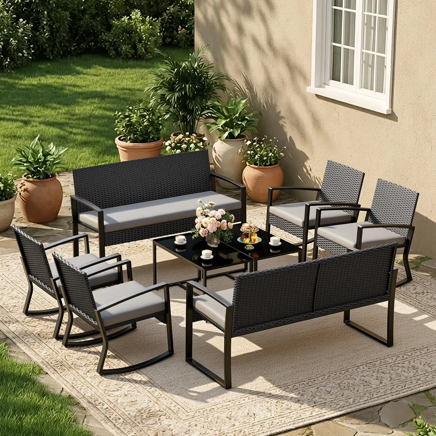 8-Piece Wicker Patio Furniture Set with Rocking Chairs Grey, Customized