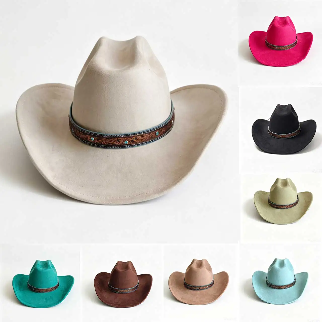 Beige Western Vegan suede cowboy hat Turquoise accessories  jazz panama hat unisex women's hat wide brim cowboy hat chapeau