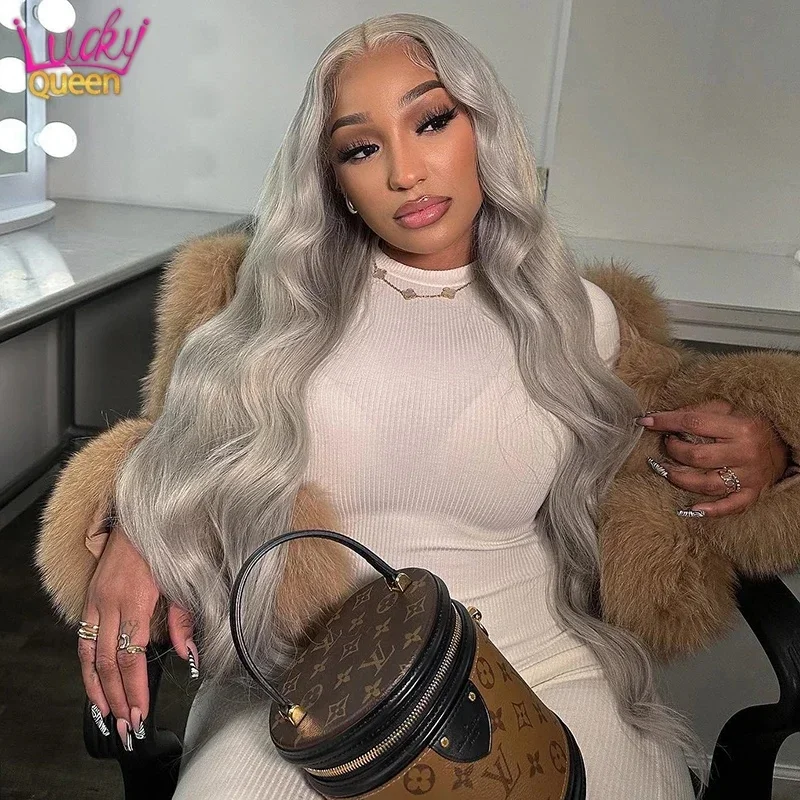 Ashy Grey Body Wave Transparent Lace Front Human Hair Wig Silver Gray 13X4 Frontal Wig 613 Colored Human Hair Wig Pre Plucked