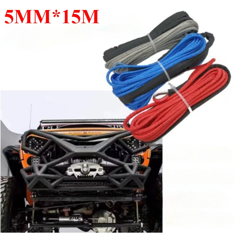 Winch Rope String Line Cable with Sheath Synthetic Towing Rope Car Wash Maintenance String for ATV UTV Off-Road，5mm*15M