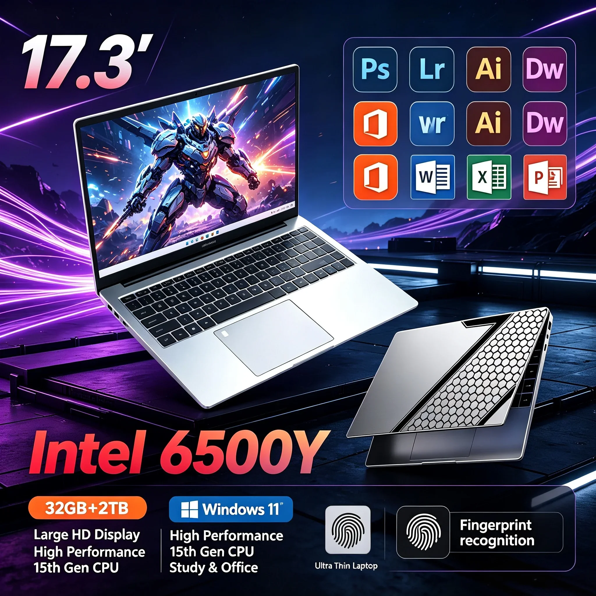 New 17.3'' Inch Business Study Notebook Intel 6500Y 32GB RAM 1TB/2TB SSD Win11 WiFi6 BT5.2 Backlit Keyboard Portable Home Laptop