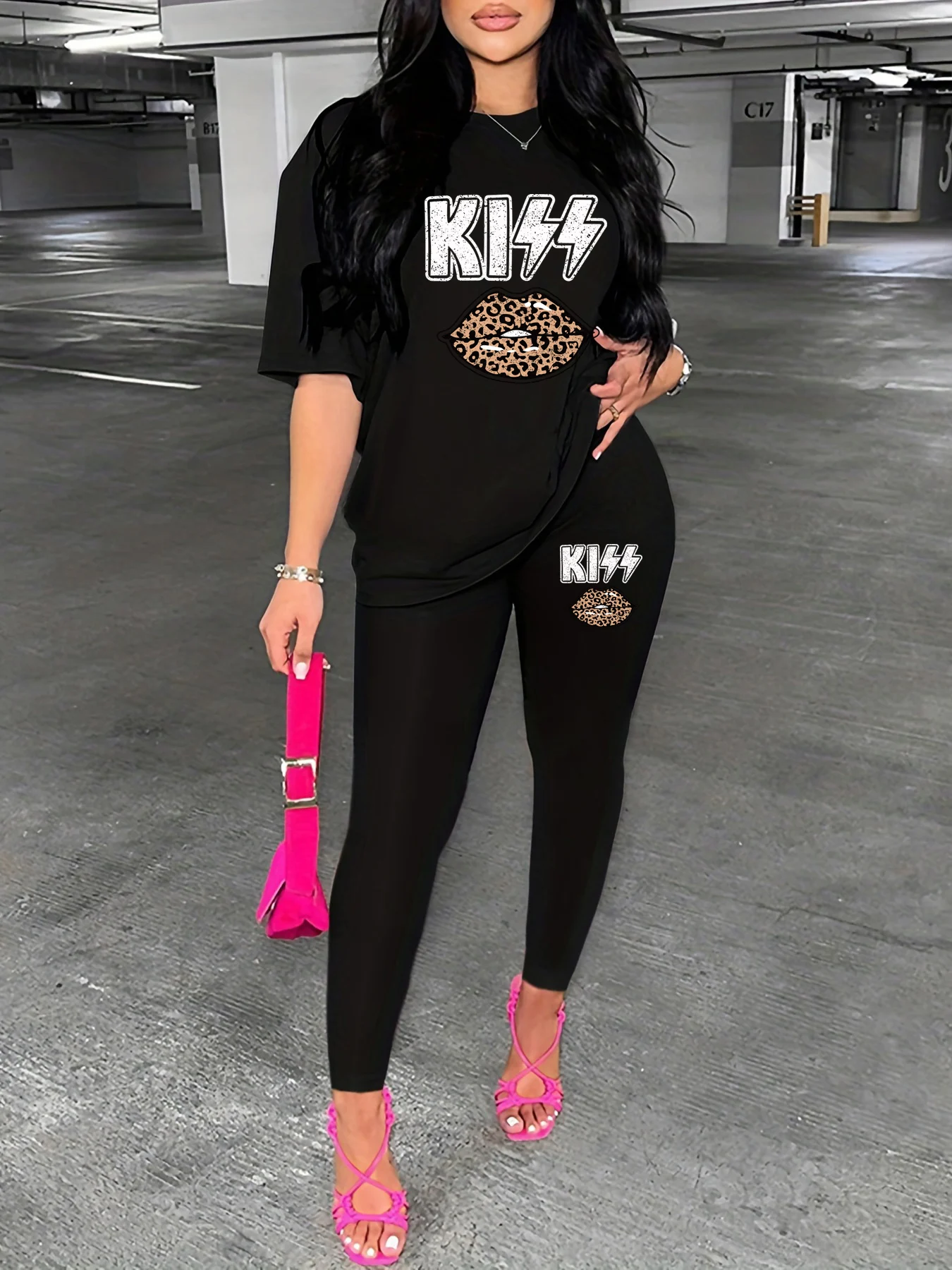 レディース春夏カジュアルKISSヒョウ柄リッププリントラウンドネック半袖Tシャツとタイトパンツの2点セット
