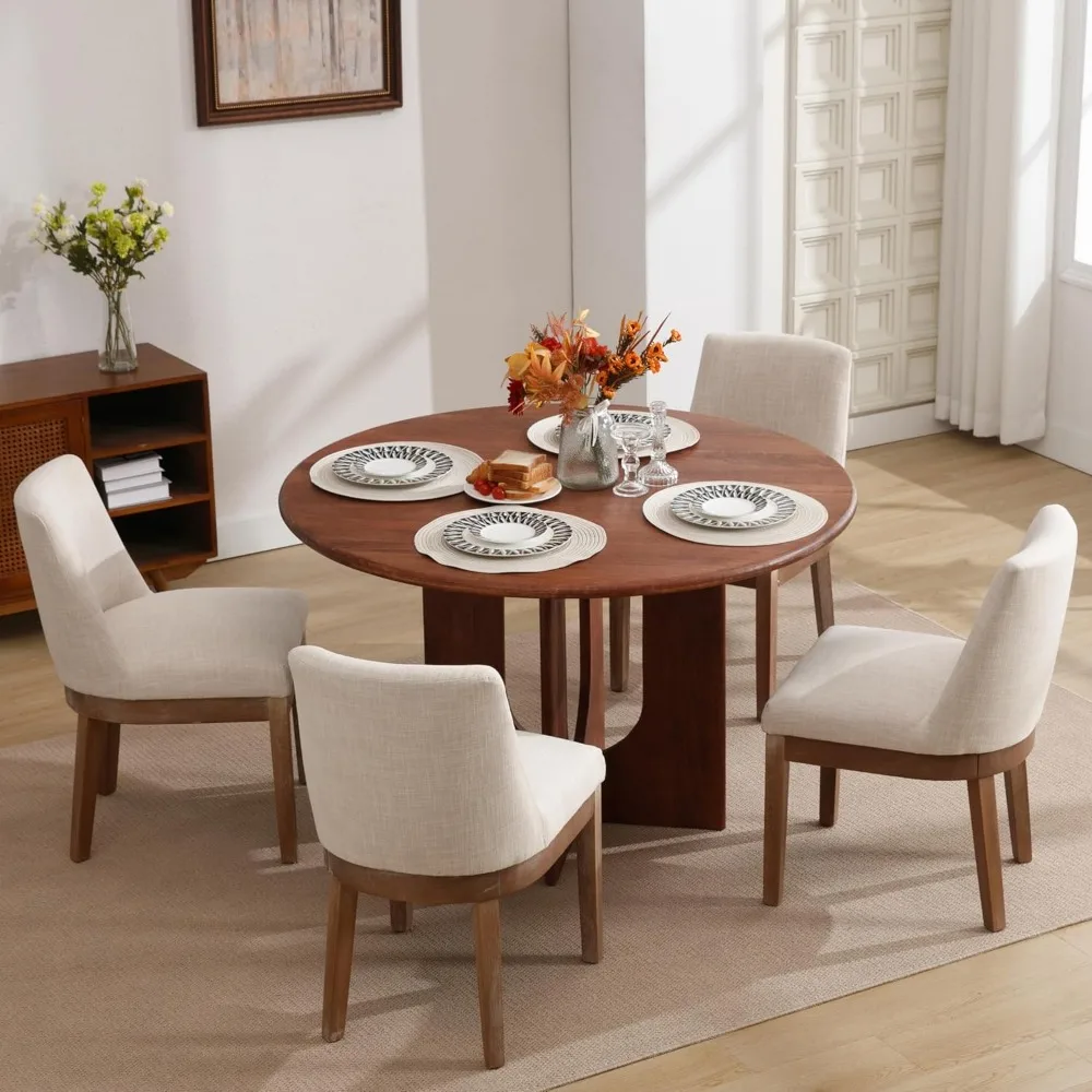 Set of 4 modern dining chairs, comfortable dining chairs with backrests, side kitchen chairs upholstered in linen, beige