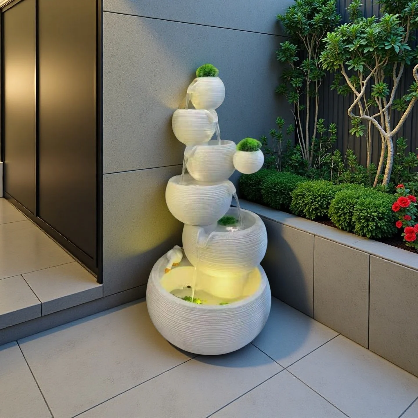 

Custom 6-Tier Solar Powered LED Light Outdoor Fountain Luxury Artificial Resin Waterfall Statue Decoration