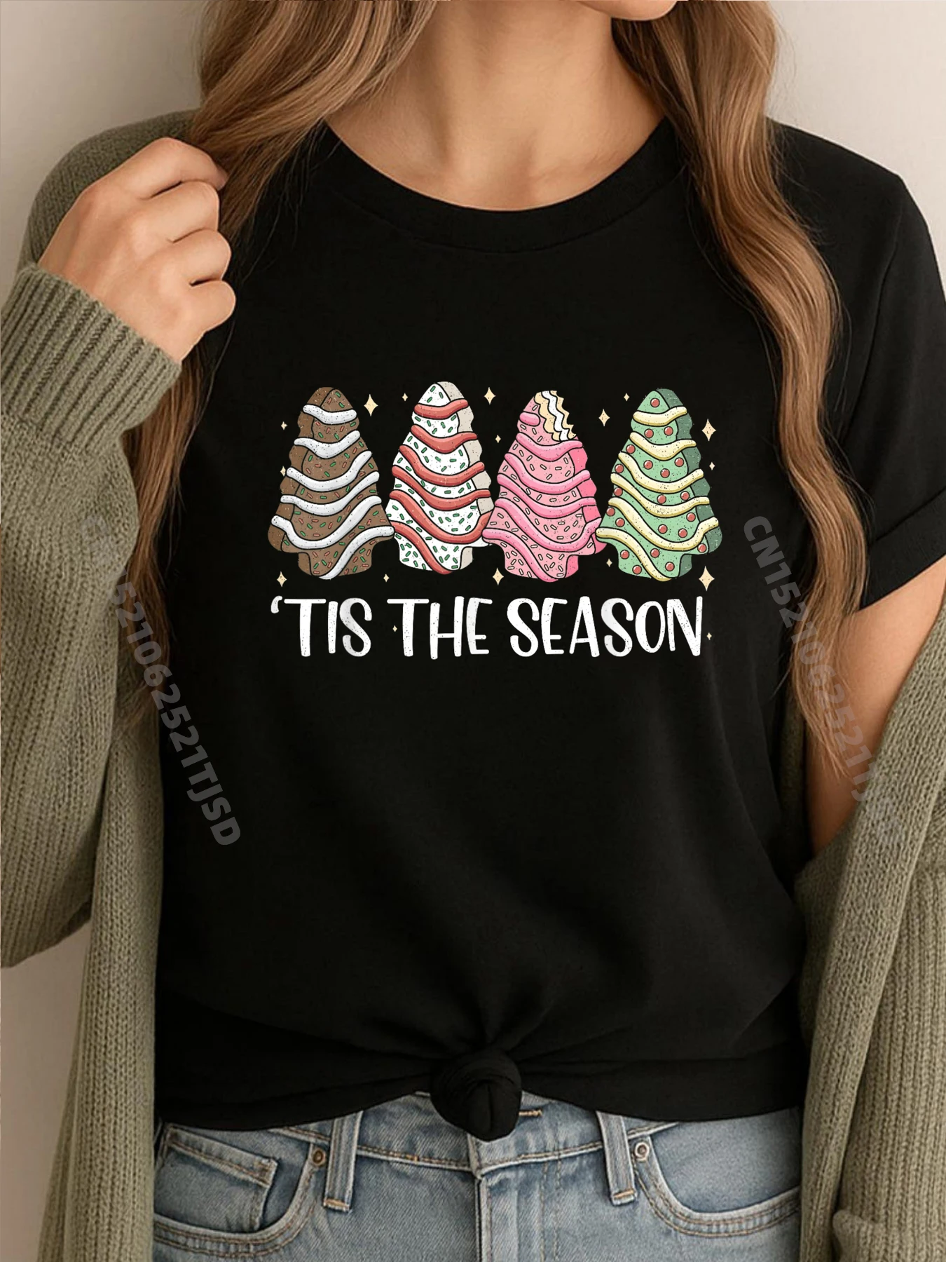 

Забавные футболки с рисунком Tis The Season Christmas Tree Cakes Debbie, черные женские футболки с аниме-принтом