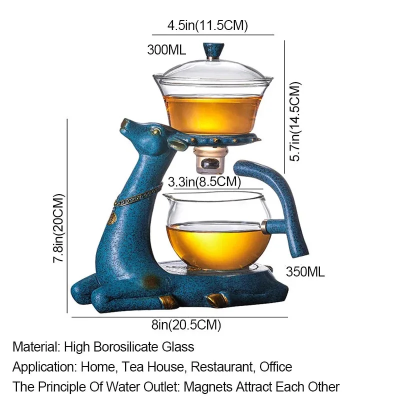 BOZZH-Kungfu Glass Tea Set, Creative Deer Teapot, Magnetic Water Diversion, Tea Infuser, Turkish Drip Pot with Base view 2