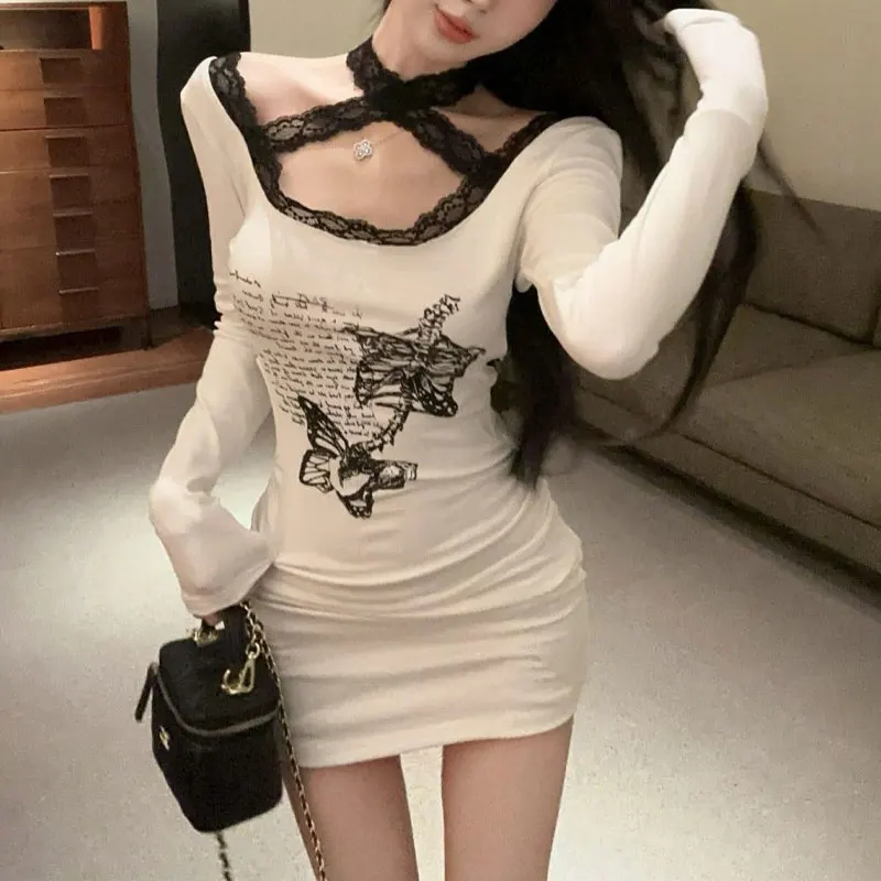 

Women's Clothing Butterfly Printed Dresses Hotsweet Waist Autumn Long Sleeve Slim Lace Spliced Aura Halter Bag Hip Mini Dress