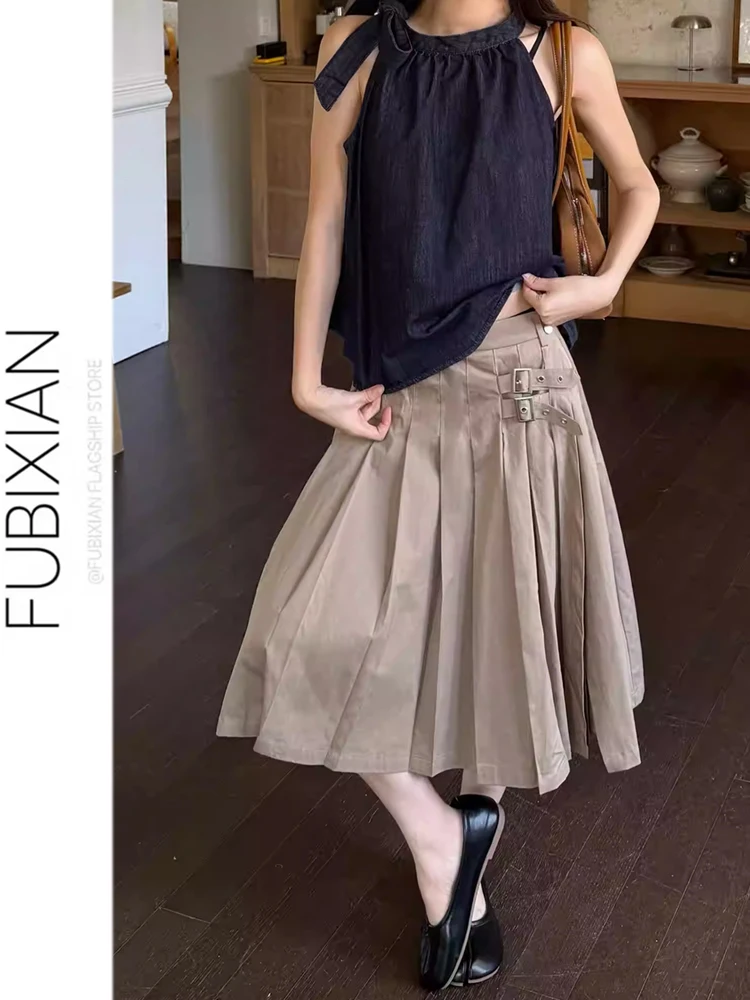 

Американская плиссированная юбка А-силуэта нестандартного дизайна для женщин, весна-лето, уникальная, цвета хаки, длина 7/8