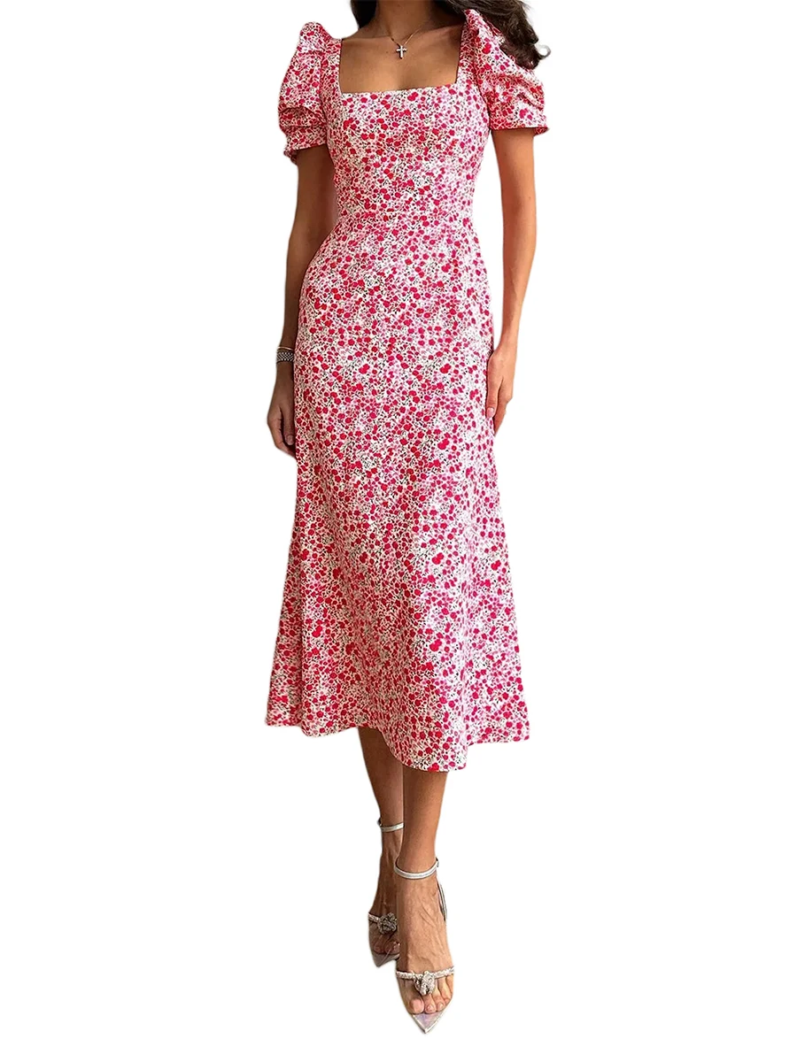 Feminino elegante vestido maxi com estampa floral boho, vestido longo, manga folhada curta, gola quadrada, plissado, praia, havaiano, balanço