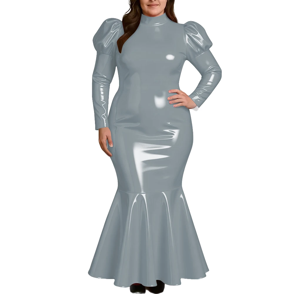 

Plus Size Elegant High Neck Long Mermaid Dress for Womens Glossy PVC Leather Ruffles Slim Fit Dress Coctail Party Club Vestidos