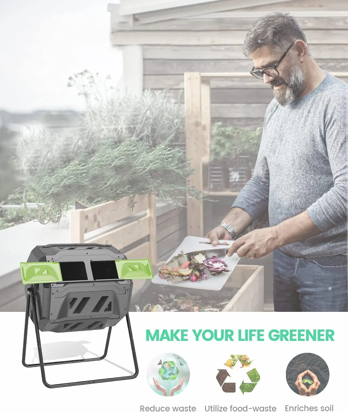 صندوق سماد الحديقة من مادة خالية من مادة BPA، أكواب سماد خارجية دوارة مزدوجة (43 جالون، أخضر) مبيعات المصنع مباشرة #6