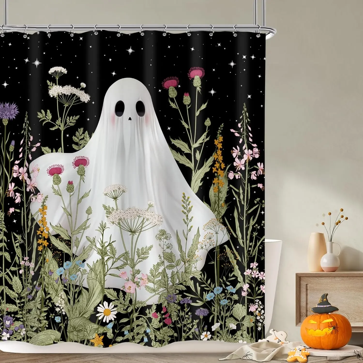 Funny Ghost Kid Shower Curtain Halloween Spooky Wildflower Floral Rustic Plant Leaf Botanical Bath Starry Sky Home Decor Fabric