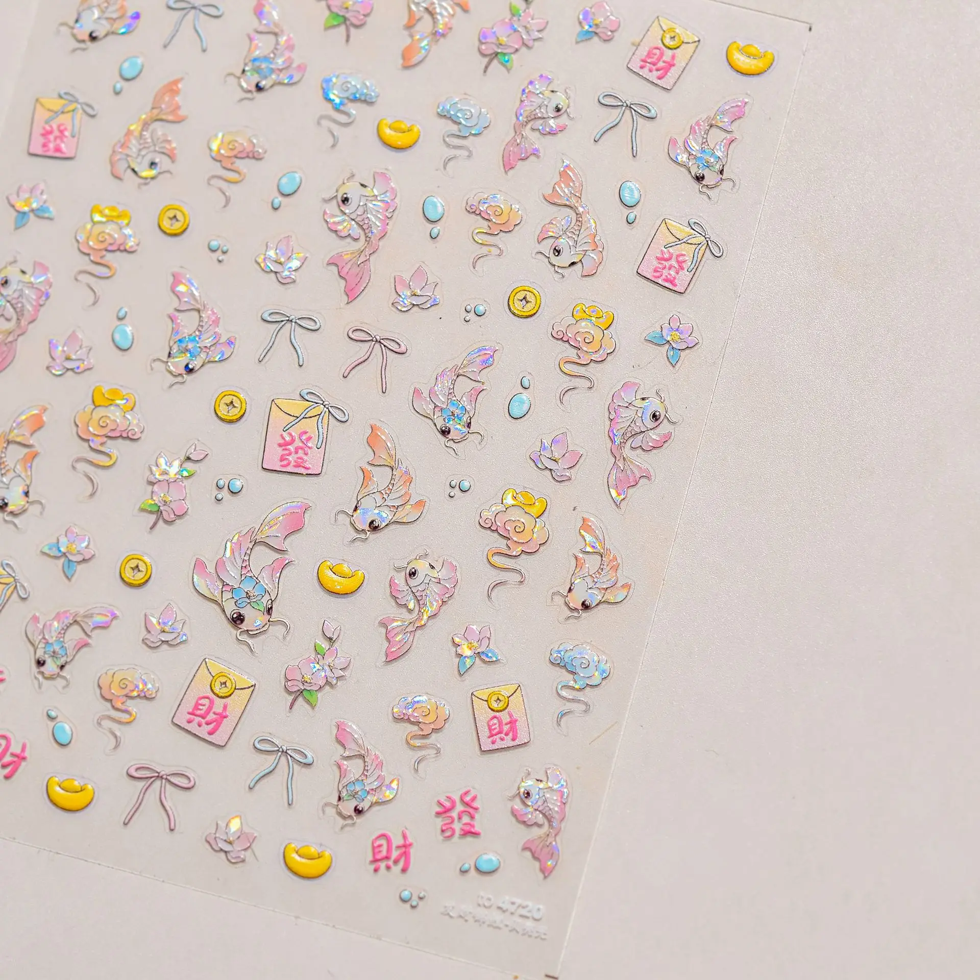 Rode gebroken karper Koi Cyprinidae Gunstige vis Lentebloem 5D Nail Art Stickers Verse levendige reliëf zelfklevende manicure sticker