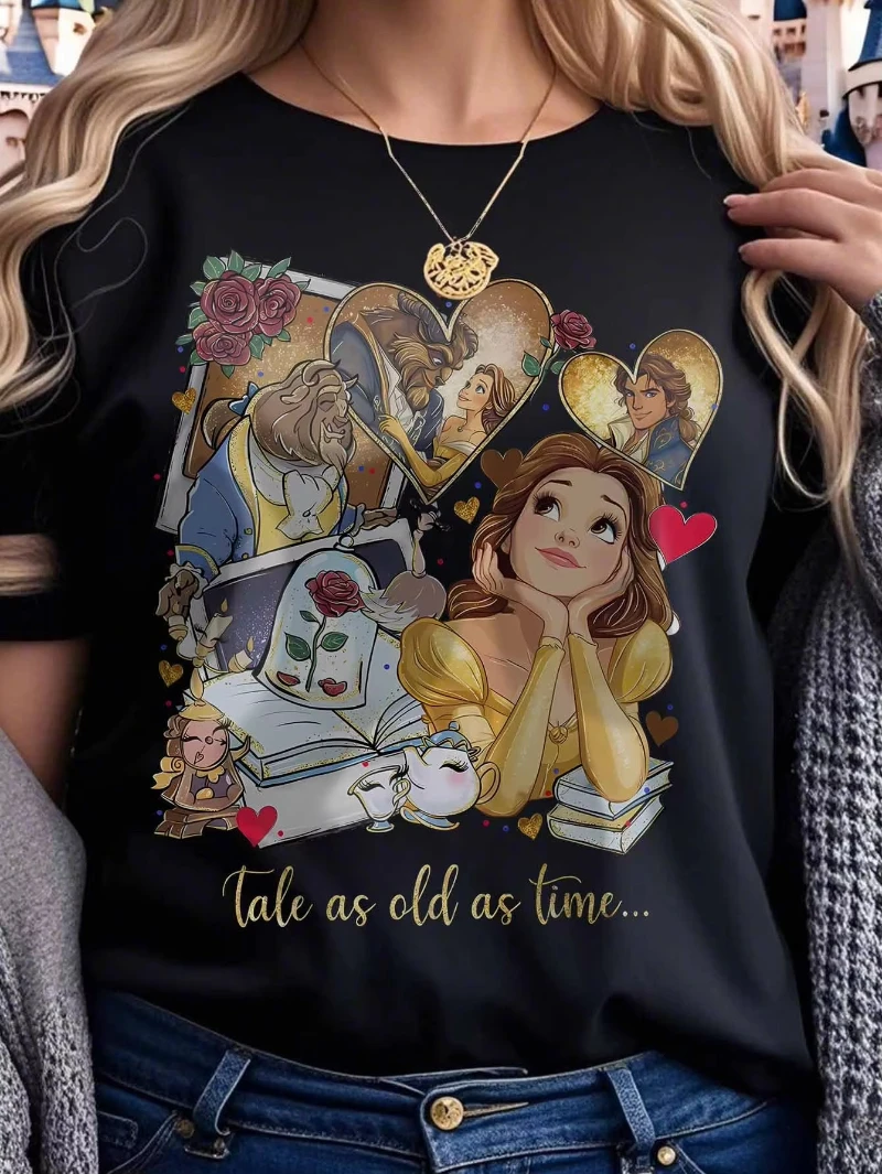 

Men and Women Disney Beauty and Beast Belle Story and Time Pattern T-shirt Lumiere, Cogsworth Potts Round Neck Short Sleeve