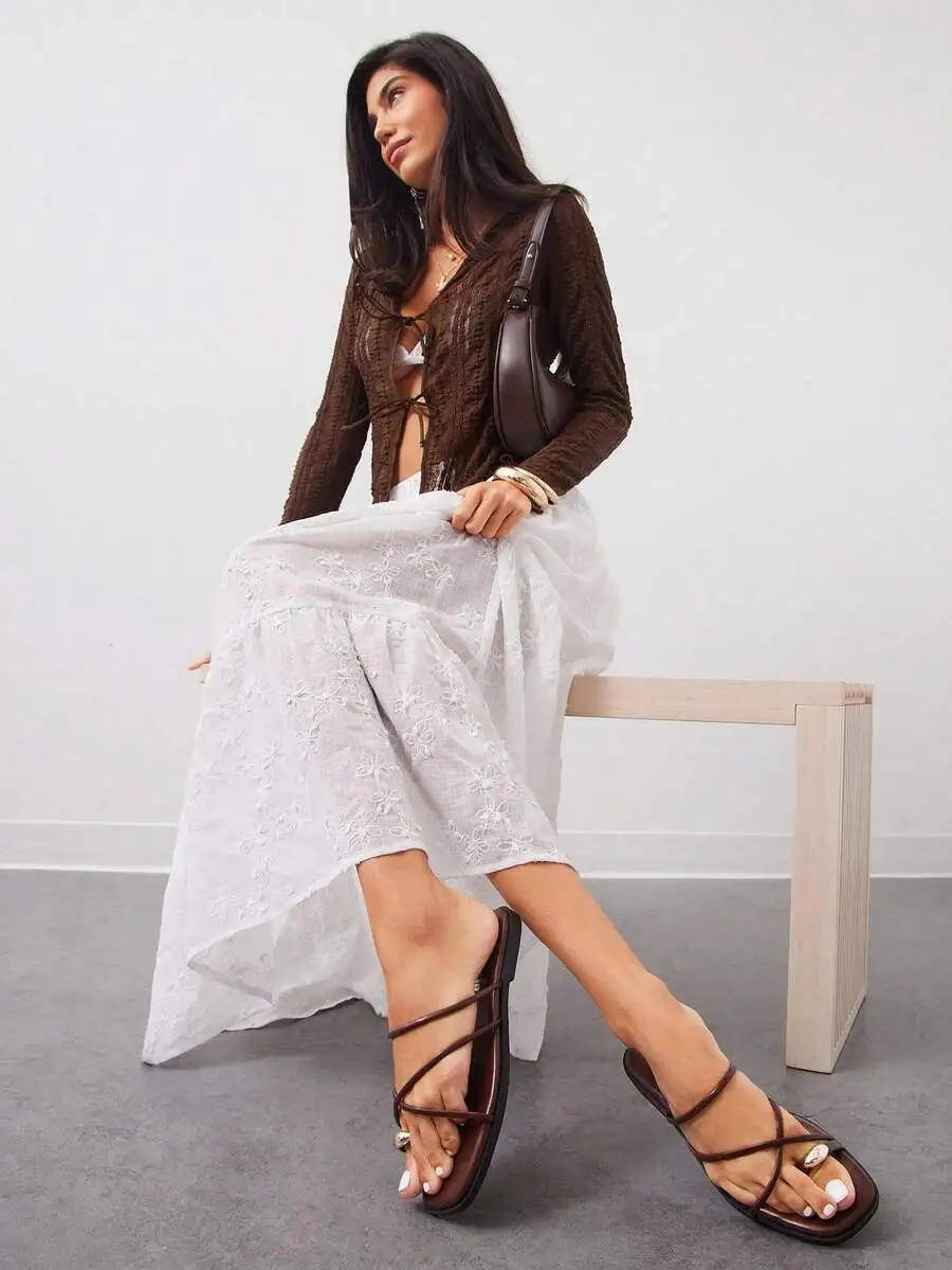 

Womens Brown Textured Cross-Strap Thong Slides Flat Sandals For Summer Casual Wear