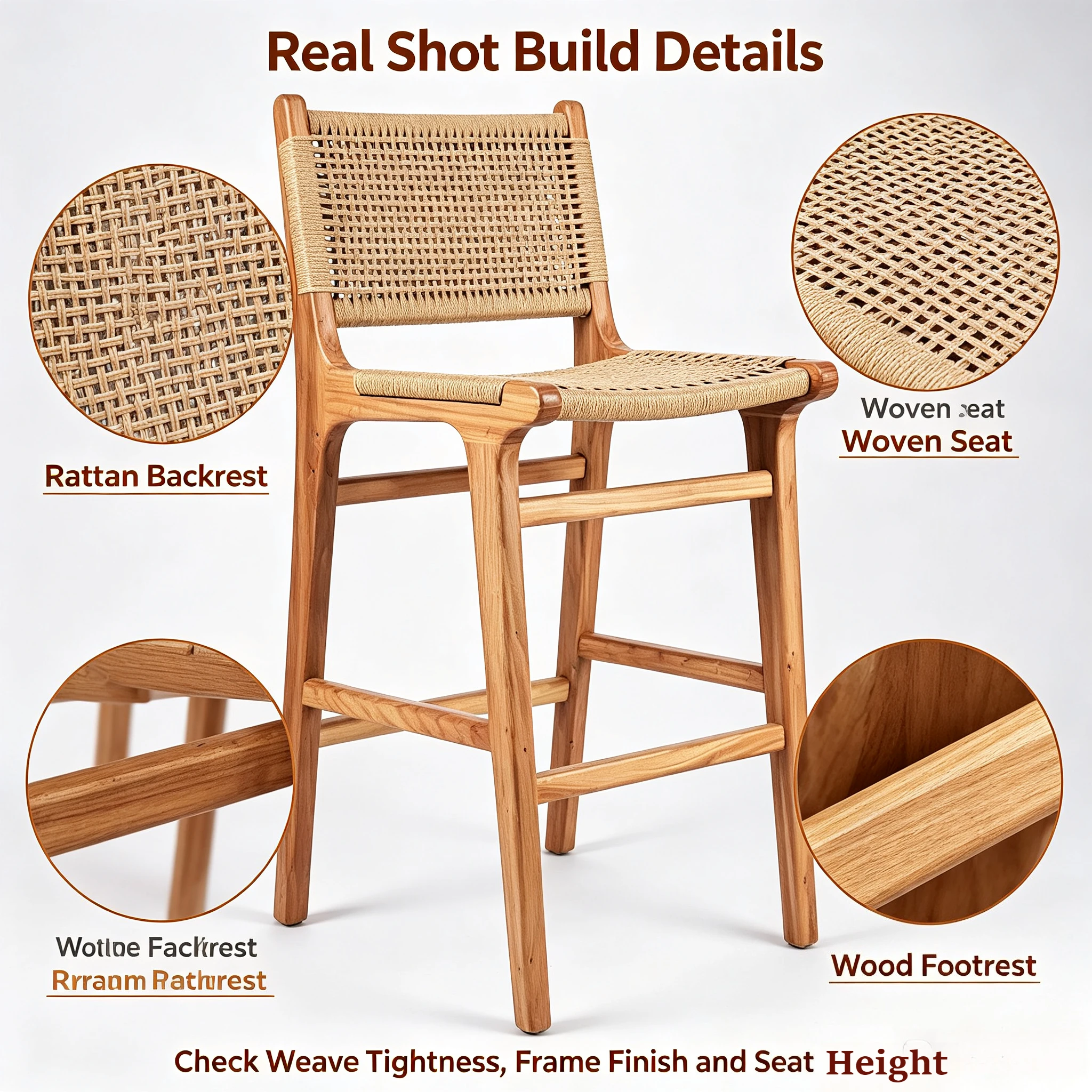 Apanese Style Solid Wood Bar Stool, Retro Rattan Woven Backrest Chair, Nordic Simple Counter Height Chair for Bar, Cafe & Home