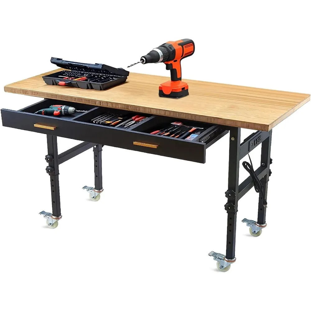 

Work Bench, 60” Adjustable Workbench, Heavy Duty Bamboo Workbench Garage Work Table, 2700 LBS Load Garage Work