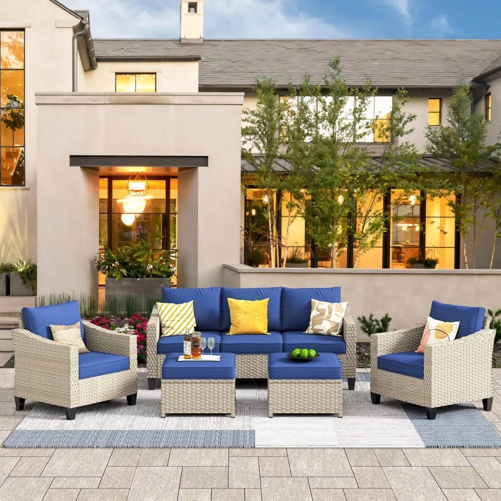 

5-Piece Wicker Patio Furniture Set with Ottoman, Conversation Set with Water Resistant Thick Cushions, Outdoor Sectional Sofa f
