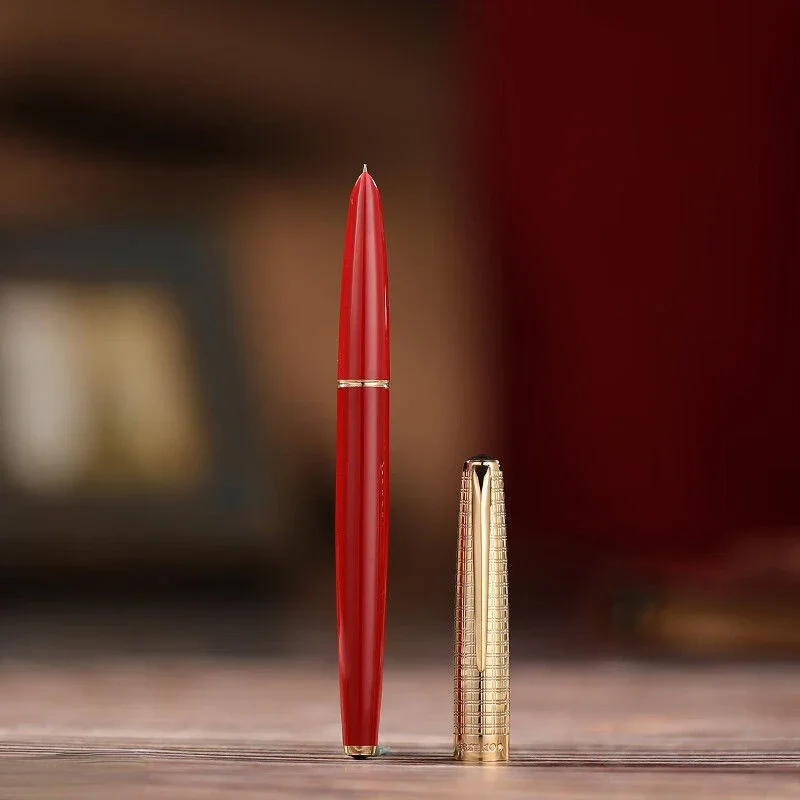 Pluma estilográfica Hero 100 de oro de 14K, pintura al horno metalizada roja EF, bolígrafo de tinta de 0,38mm, juego de regalo de papelería elegante de lujo para oficina y escritura