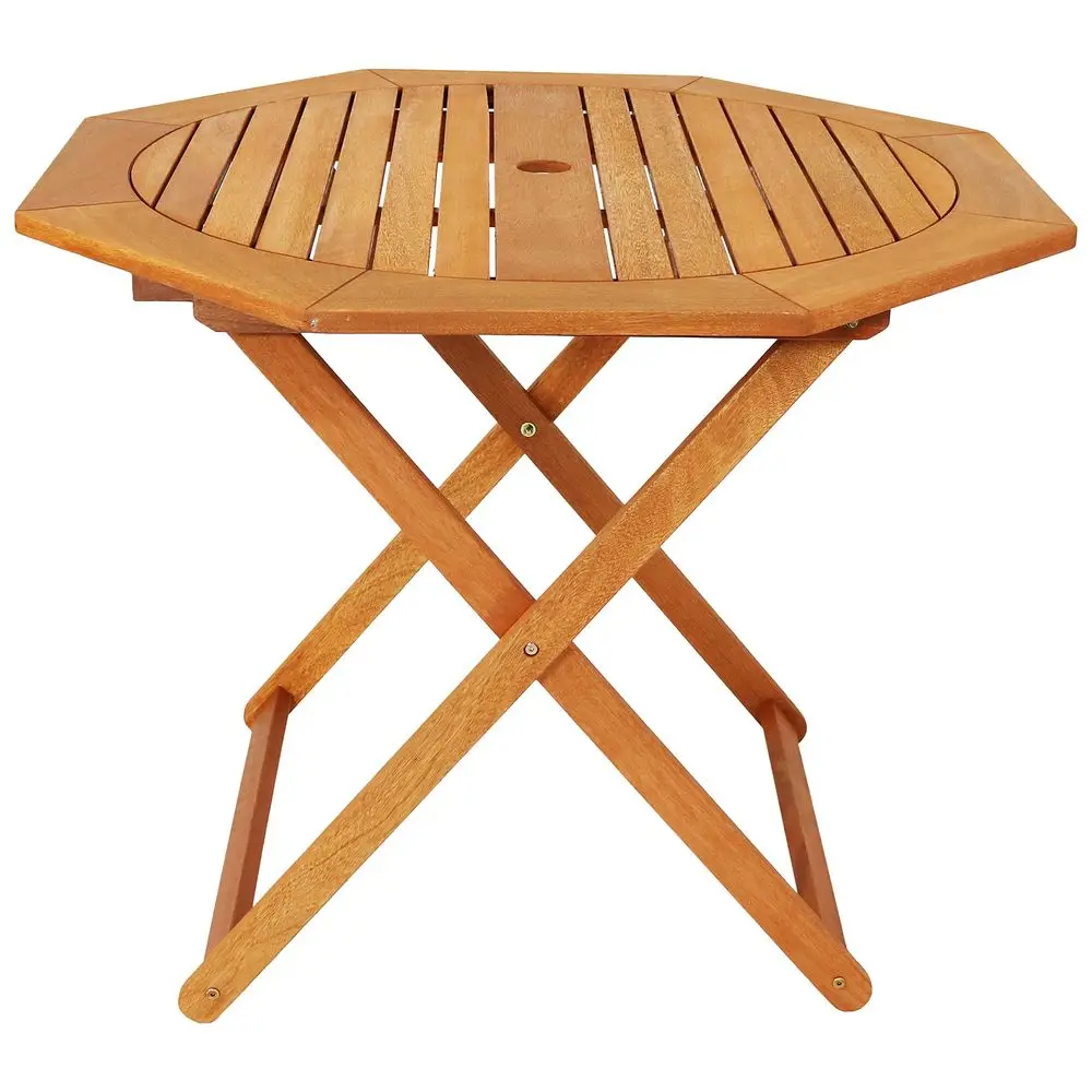 Meranti Wood Folding Outdoor Table with Umbrella Hole Foldable Patio Table for Dining amp Gatherings Teak Finish Octagon