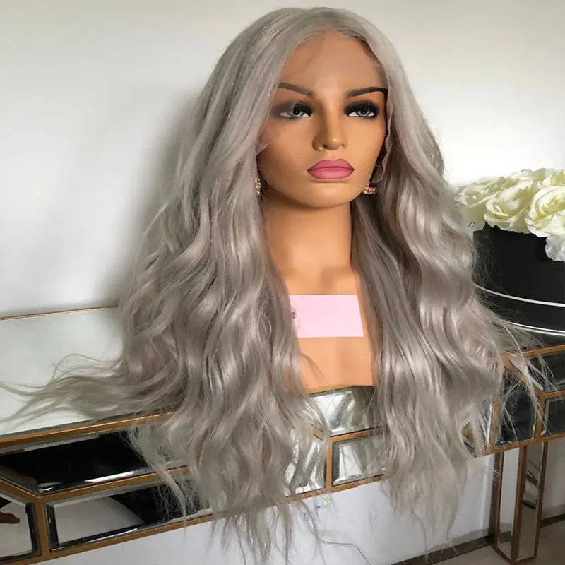 Silver Grey Loose Wave Hair Wig Synthetic 13x4 Lace Front Wigs High Quality Heat Resistant Fiber Hair Middle Parting For Women