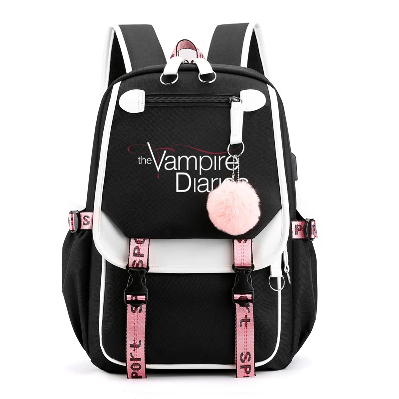 The Vampire Diaries Anime USB Port Backpack Nylon School Book Student Travel Bags Laptop Casual Large Messenger Bag