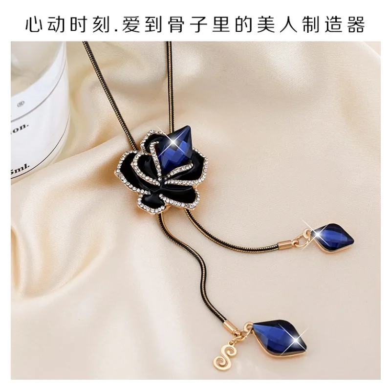 긴 우아한 목걸이, 우아한 블루 로즈 크리스탈 태슬 스웨터 체인