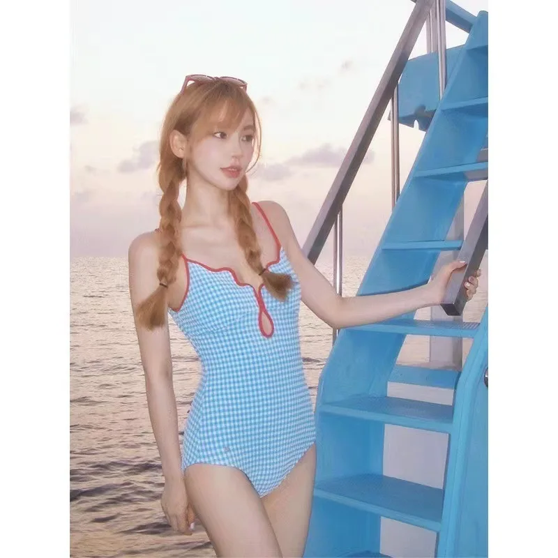 

Women's One Piece Swimsuit Gingham Plaid V Neck Spaghetti Straps Contrast Trim Cutout Control Summer Beach Bathing Suit Swimwear
