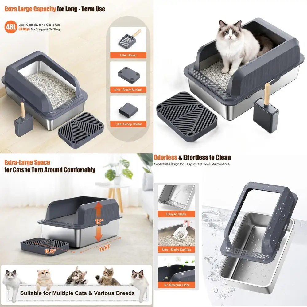 

Large Stainless Steel Covered Cat Litter Tray for Multiple Cats with High Sides, XL, Dark Grey, Easy Clean, Includes Scoop