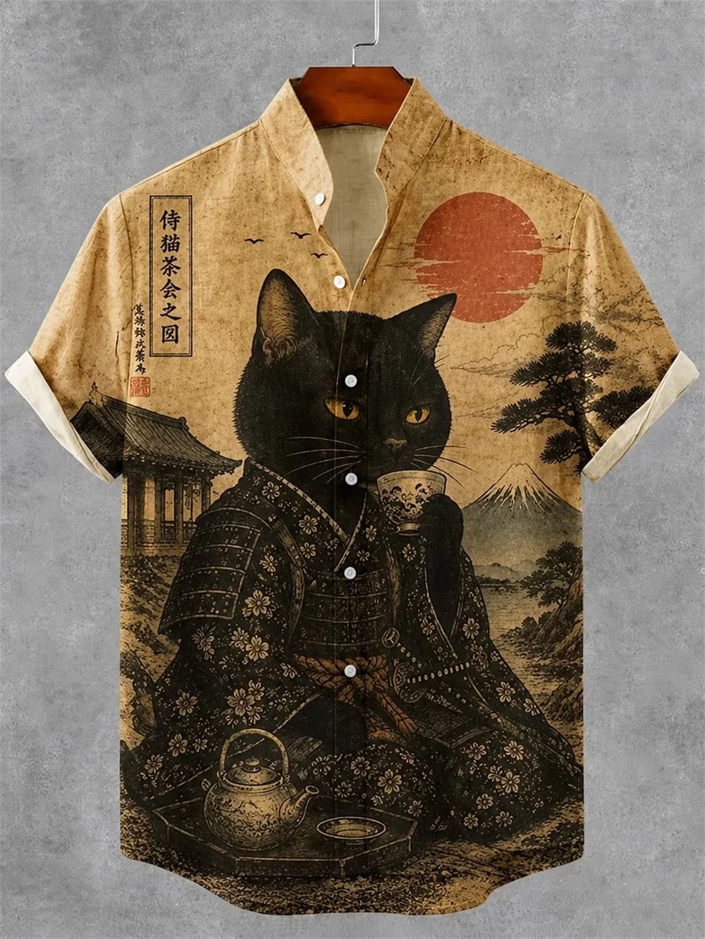 Men's Retro Japanese Ukiyo-e Samurai Cat Print Linen Shirt Stand Collar Short Sleeved Bamboo Butterfly Summer Button Men's Shirt