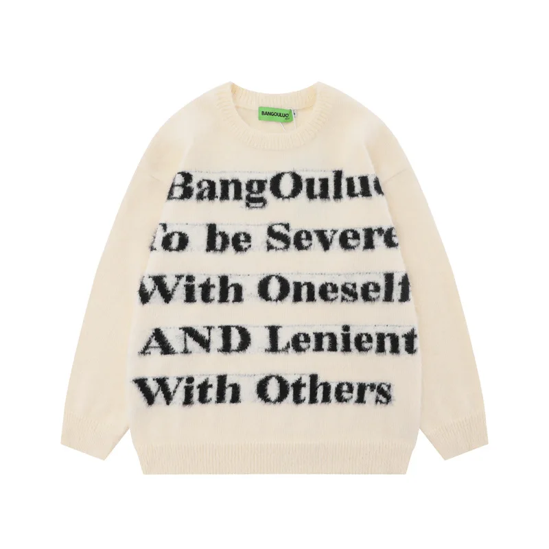 

American Trendy Brand Letter Jacquard Mohair Soft Men's and Women's Autumn and Winter Bf Loose Couple Lazy Wind Knitted Sweater