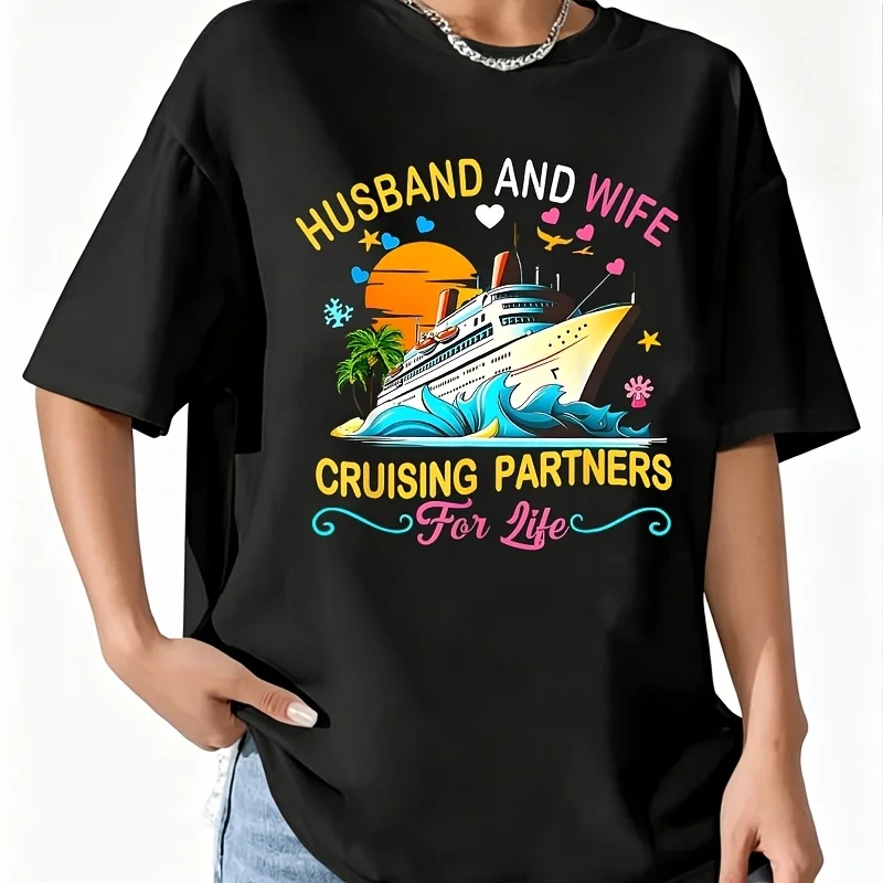 Husband and Wife Cruising Partners for Life Couple Cruise Women's T-Shirt 100% Cotton Fun Print Short Sleeve Top Casual Round Neck Tee S-5Xl