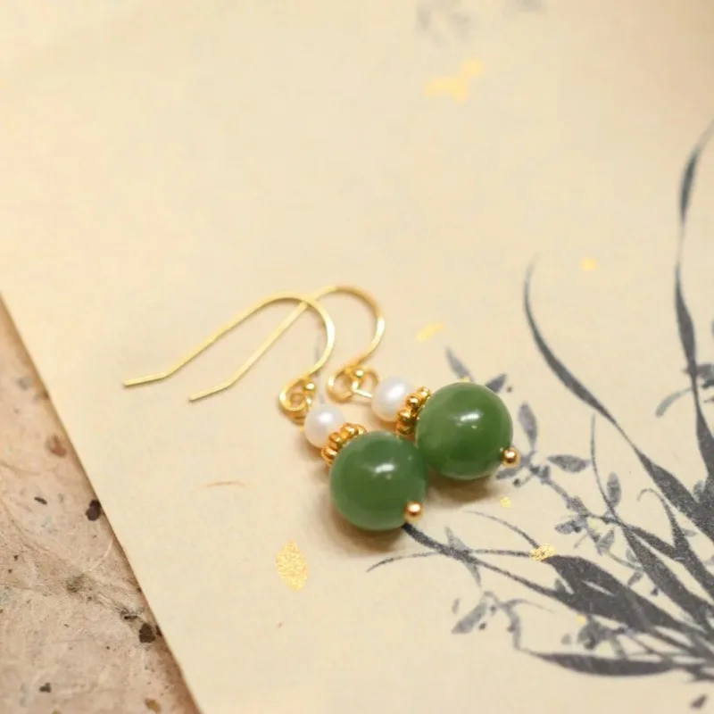 

Natural Jade Freshwater Pearl 925 Silver Plated Women's Earrings with Chinese Retro Style Quality Jewelry Selection Gift