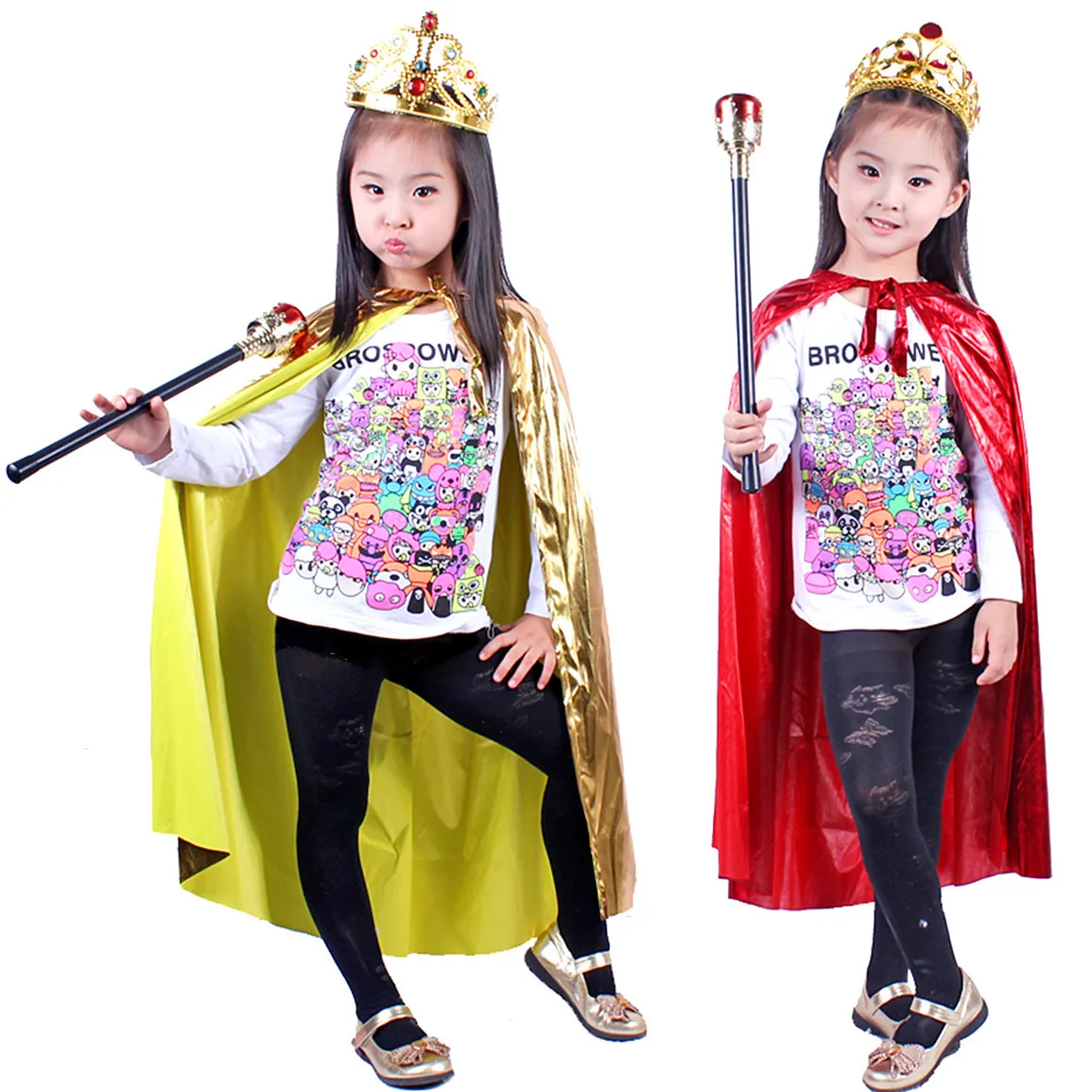 ฮาโลวีนเด็กคอสเพลย์เครื่องแต่งกาย Princess King Cape เด็กผู้หญิงเด็ก 80 ซม.Bright ผ้า Bronzing Silver Gold เสื้อคลุม
