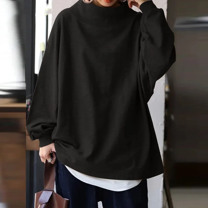 가을 겨울 캐주얼 편안한 하이넥 하프 슬릿 네크라인 후드티 드롭 숄더 여성용 오버사이즈 후드티