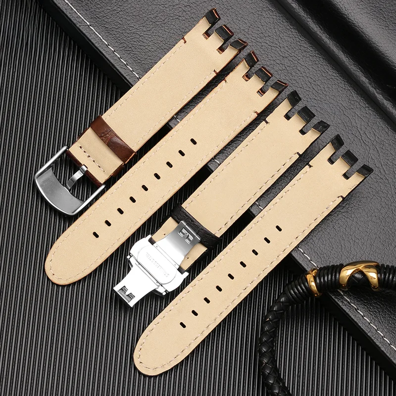 For Swatch Yrs403 412 402G Genuine Leather 21mm Watch Band Butterfly Buckle Waterproof Soft Accessories Curved Interface Wrist