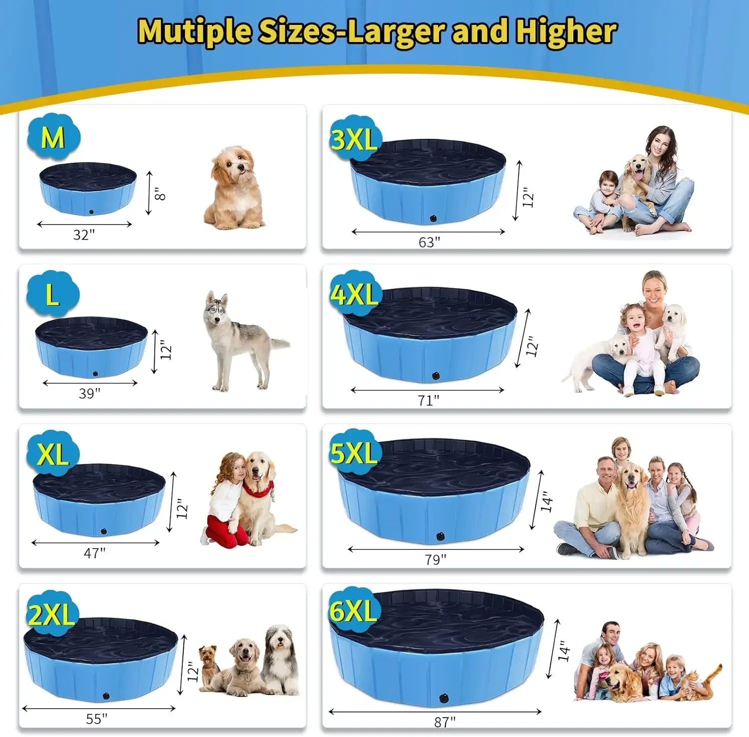 Piscina para cães, piscina grande para crianças de 87 "x 14" com plástico rígido, banheira antiderrapante para quintal ao ar livre, sw dobrável para cães