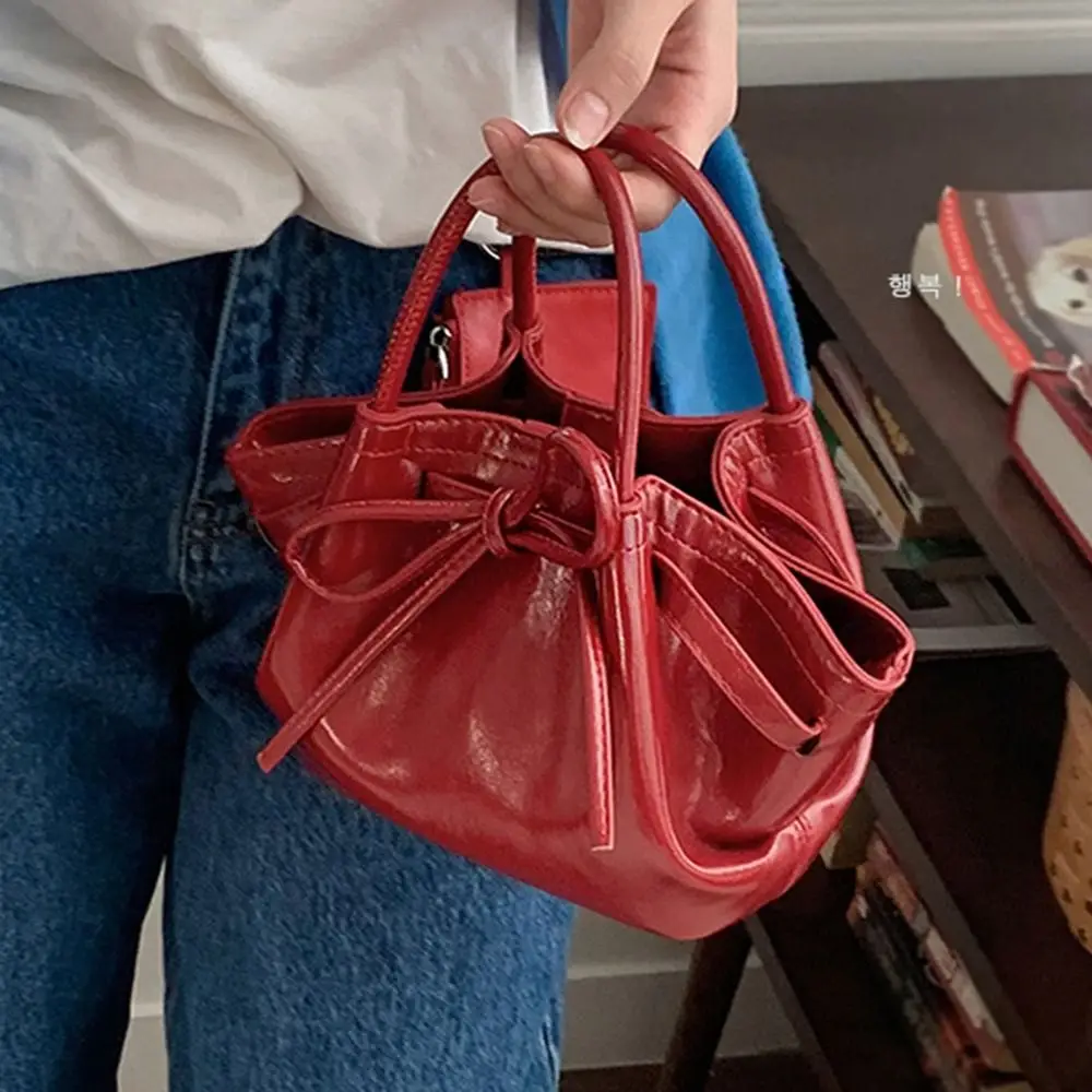 

Pure Color Vegetable Basket Bag Bowkont Large Capacity PU Leather Bucket Bag Women's Tote Bag Korean Style Bow Shoulder Bag