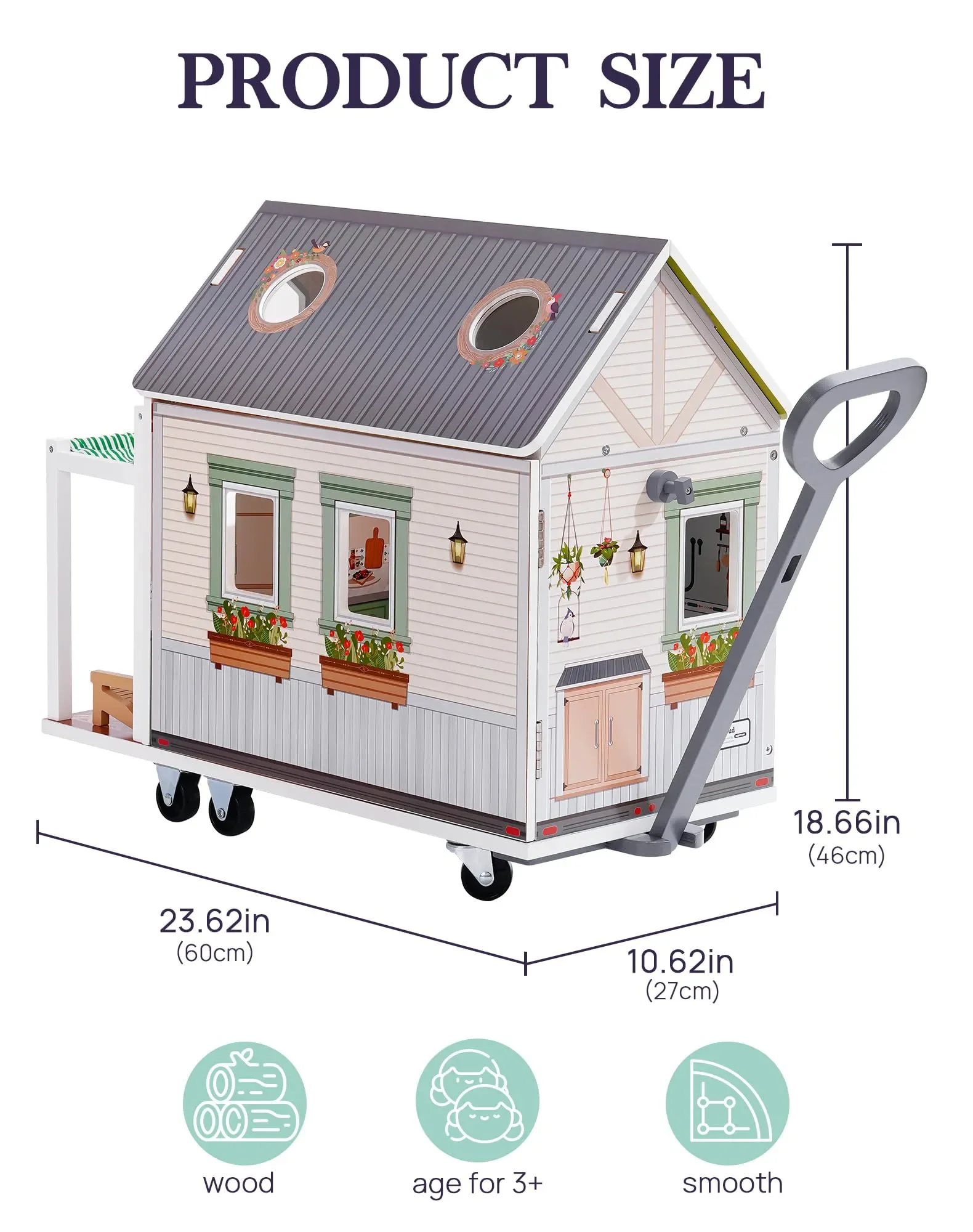 Robud Puppenhaus aus Holz mit Rädern, Rollenspiel-Wohnmobil-Set, Puppenhaus, beweglich mit 10 + Möbelzubehör, Geschenk für Kinder